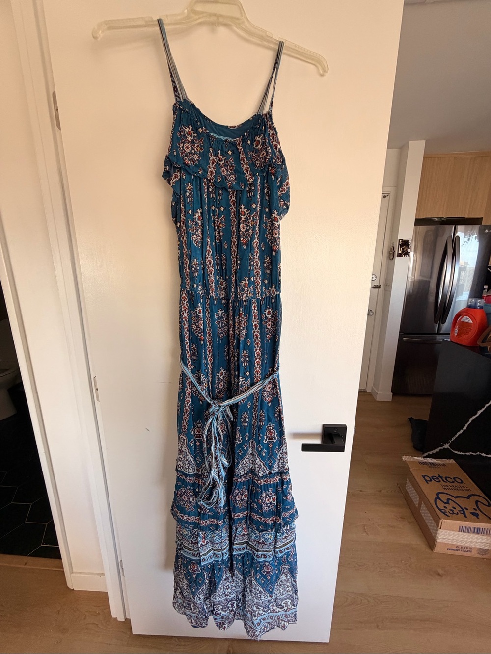 Anthropologie Teal Blue Paisley Maxi Dress with Tie Waist